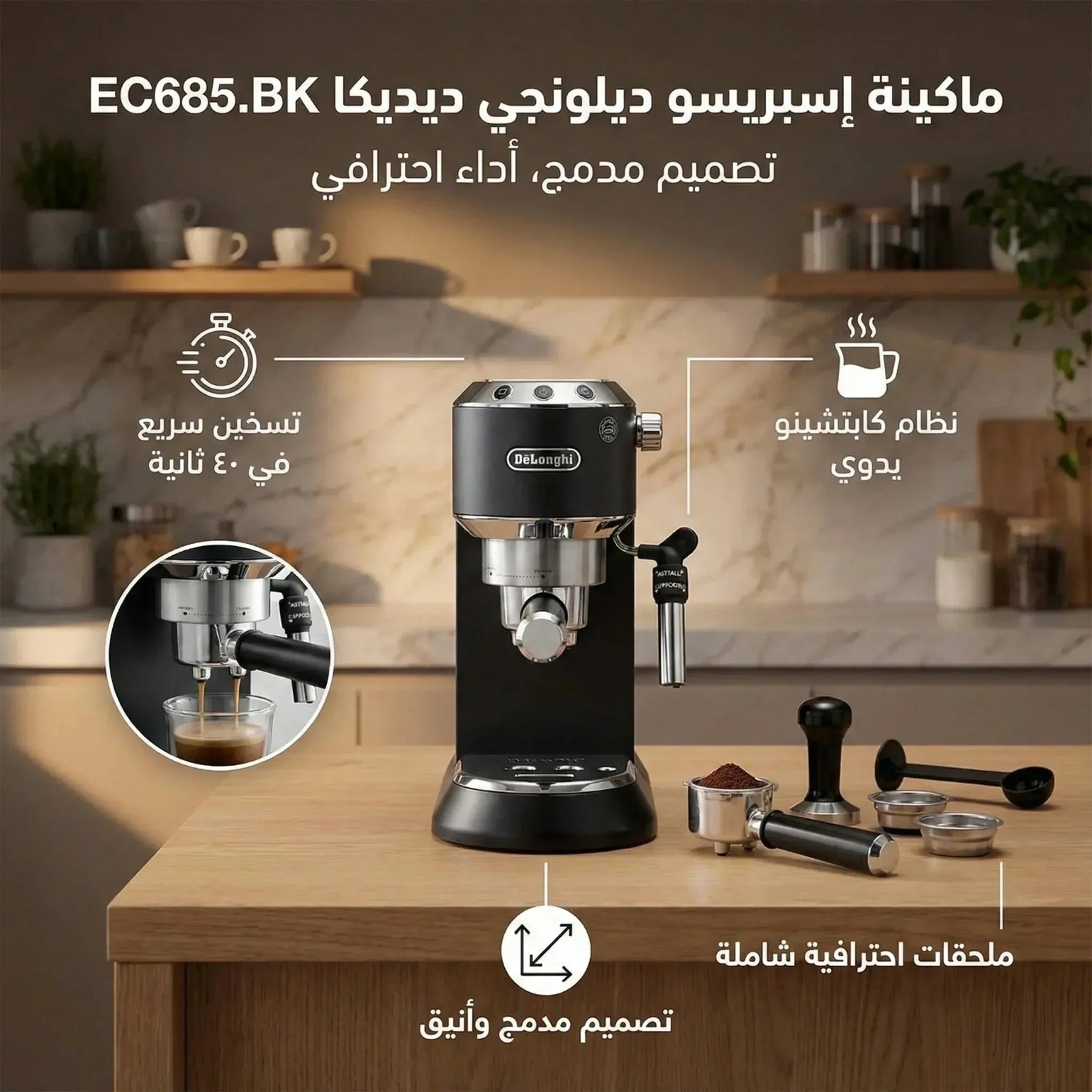 آلة قهوة إسبريسو مضخة ستايل ديديكا، 15 بار، أسود - EC 685.BK - Blanco