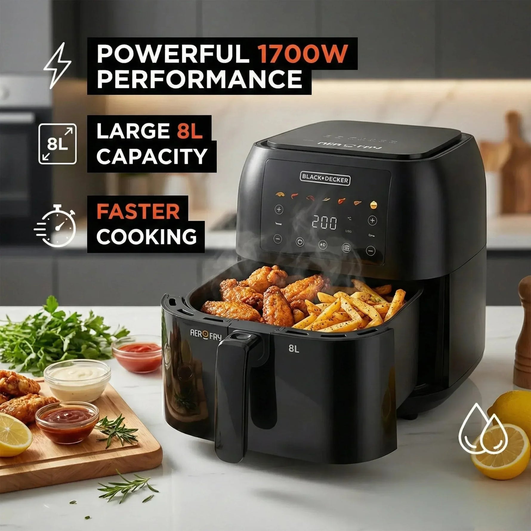 بلاك اند ديكر مقلاة هوائية - 8 لتر 1700 واط - 8 L 1700 W SAF80W-B5 - Blanco