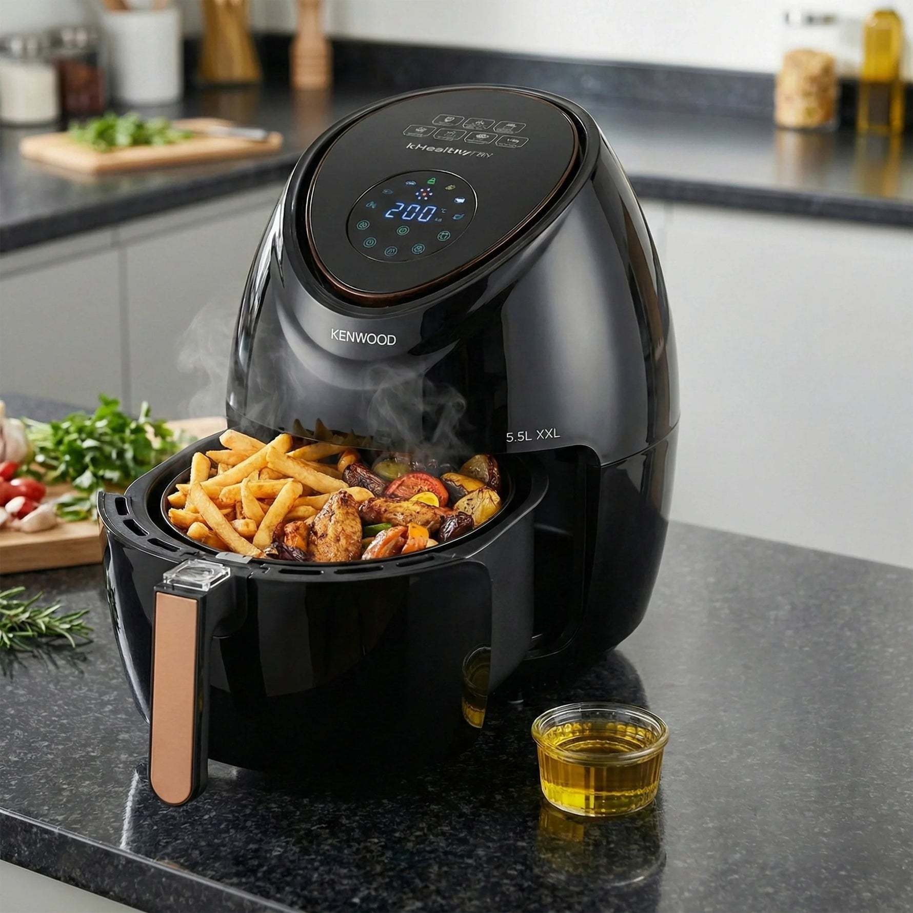 قلاية هوائية رقمية، 1500 واط، سعة 5 لتر، تحكم باللمس، درجة حرارة قابلة للتعديل، سلة غير لاصقة سهلة التنظيف - ‏HFP52.000BK - Blanco