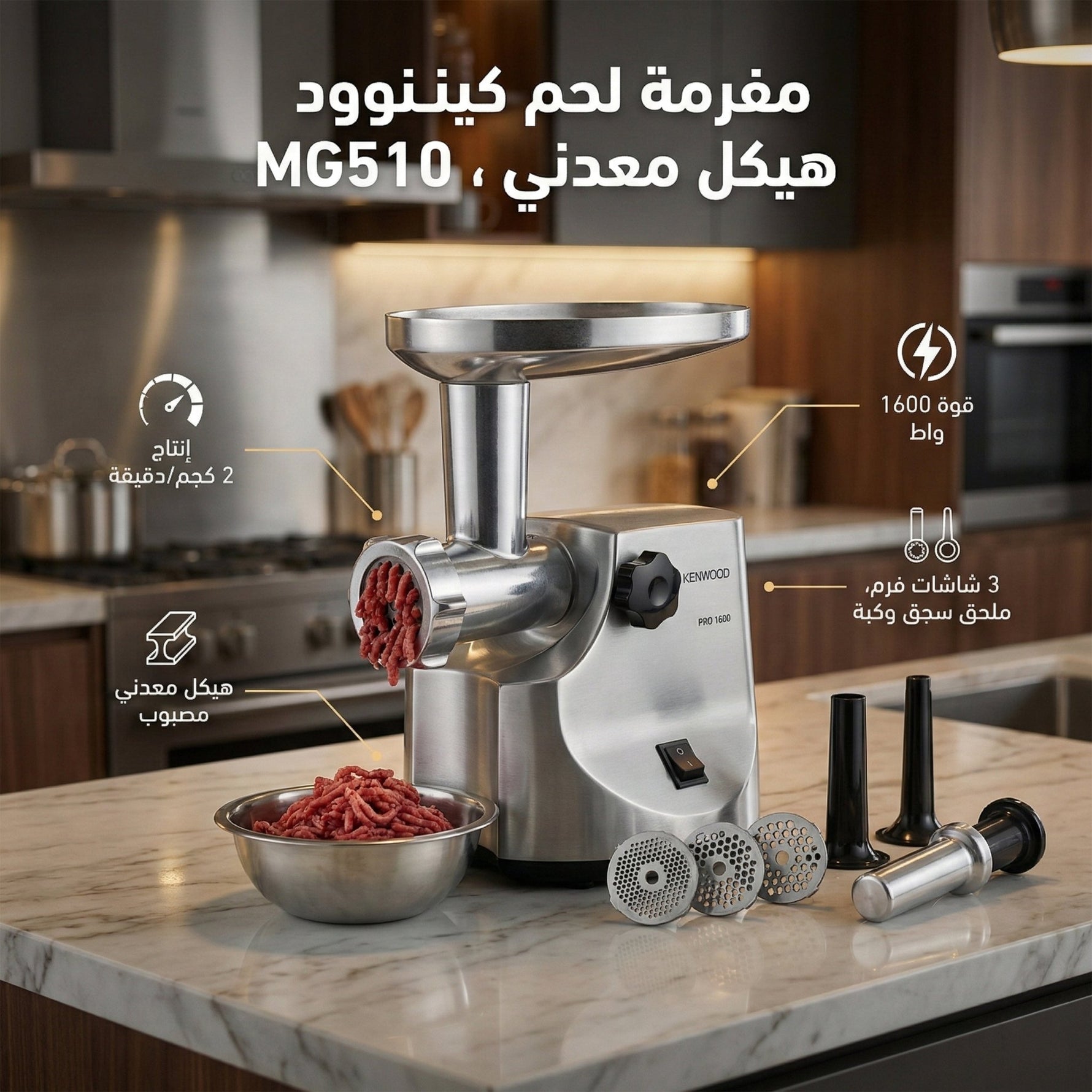 مفرمة لحم كينوود - 1600 واط، 2 كجم/دقيقة، هيكل معدني ، MG510 - Blanco