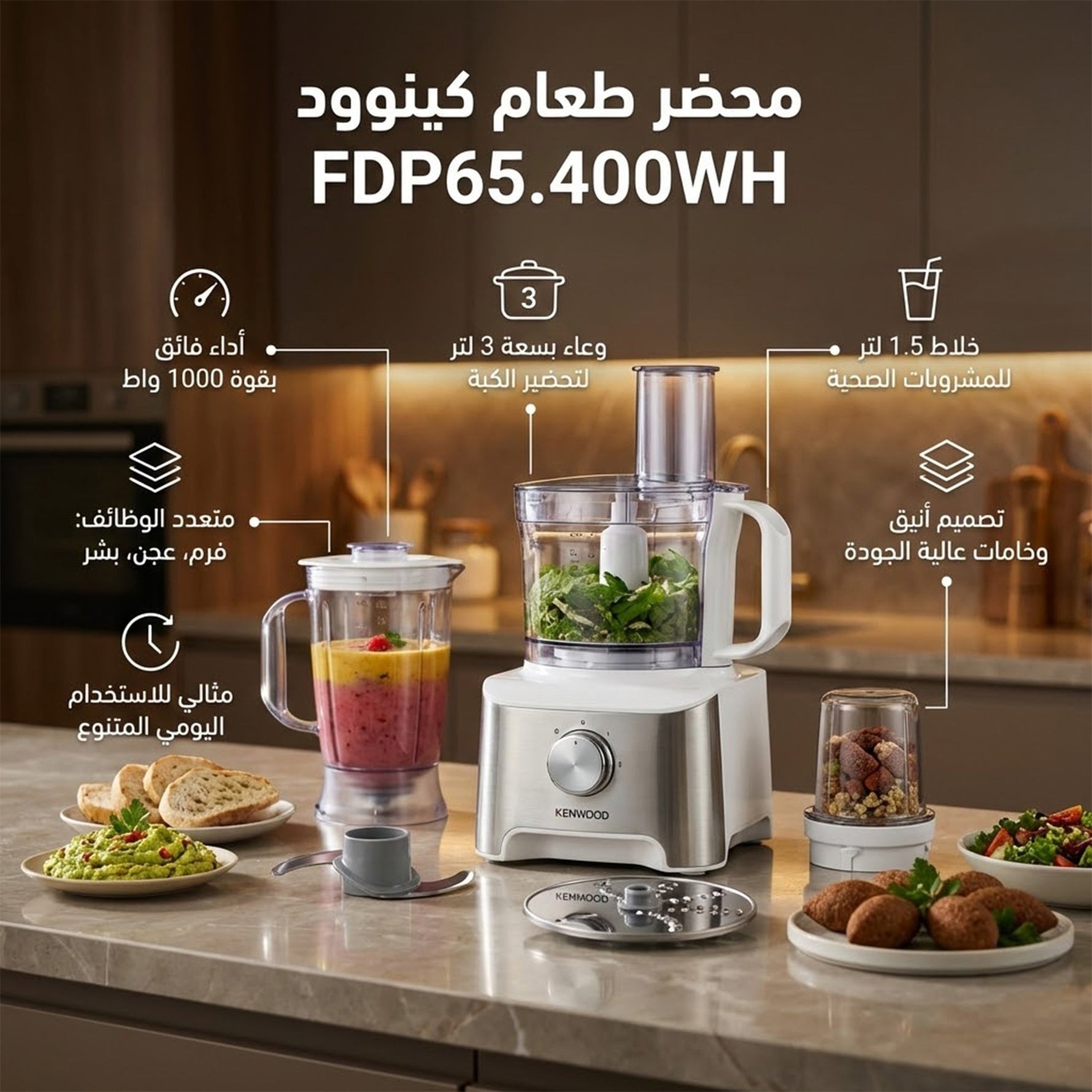 محضر طعام كينوود 1000 وات - بسعة 3 لتر للكبة، FDP65.400WH - Blanco